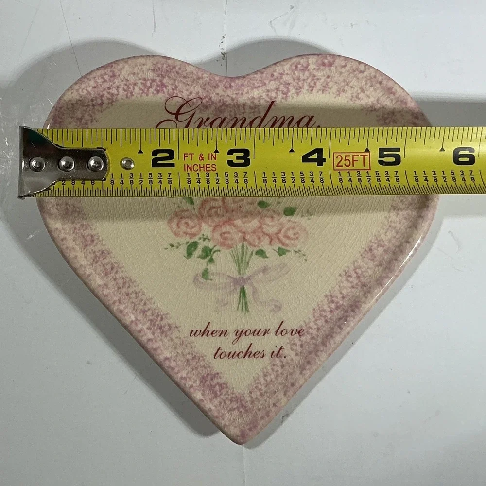Russ‎ Berrie Grandma Heart Ceramic Trinket Dish Pink Roses Crackle Glaze 13406